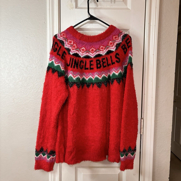 Women's Red Christmas Holiday Pullover Sweater with Jingle Bell Design Large - Picture 7 of 8